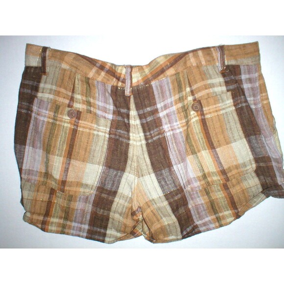 New Womens Joie Linen Shorts Tan Dark Khaki 12 Metallic Thread Brown Plaid Pocke - Picture 4 of 5